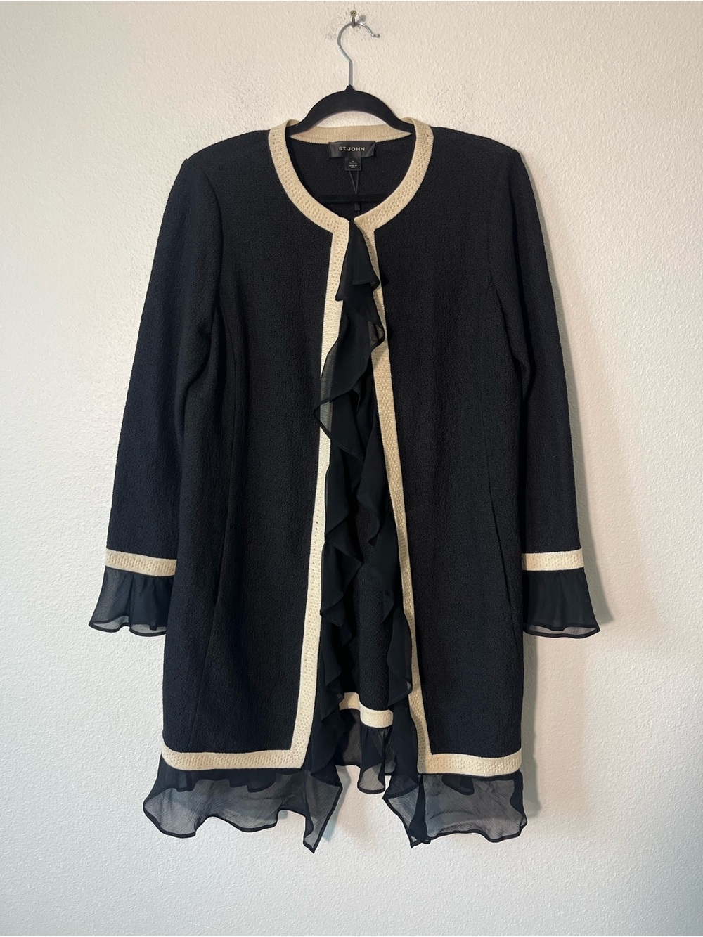 St. John Black Longline Ruffle Front Jacket Sweater Cream Trim Black Size 10